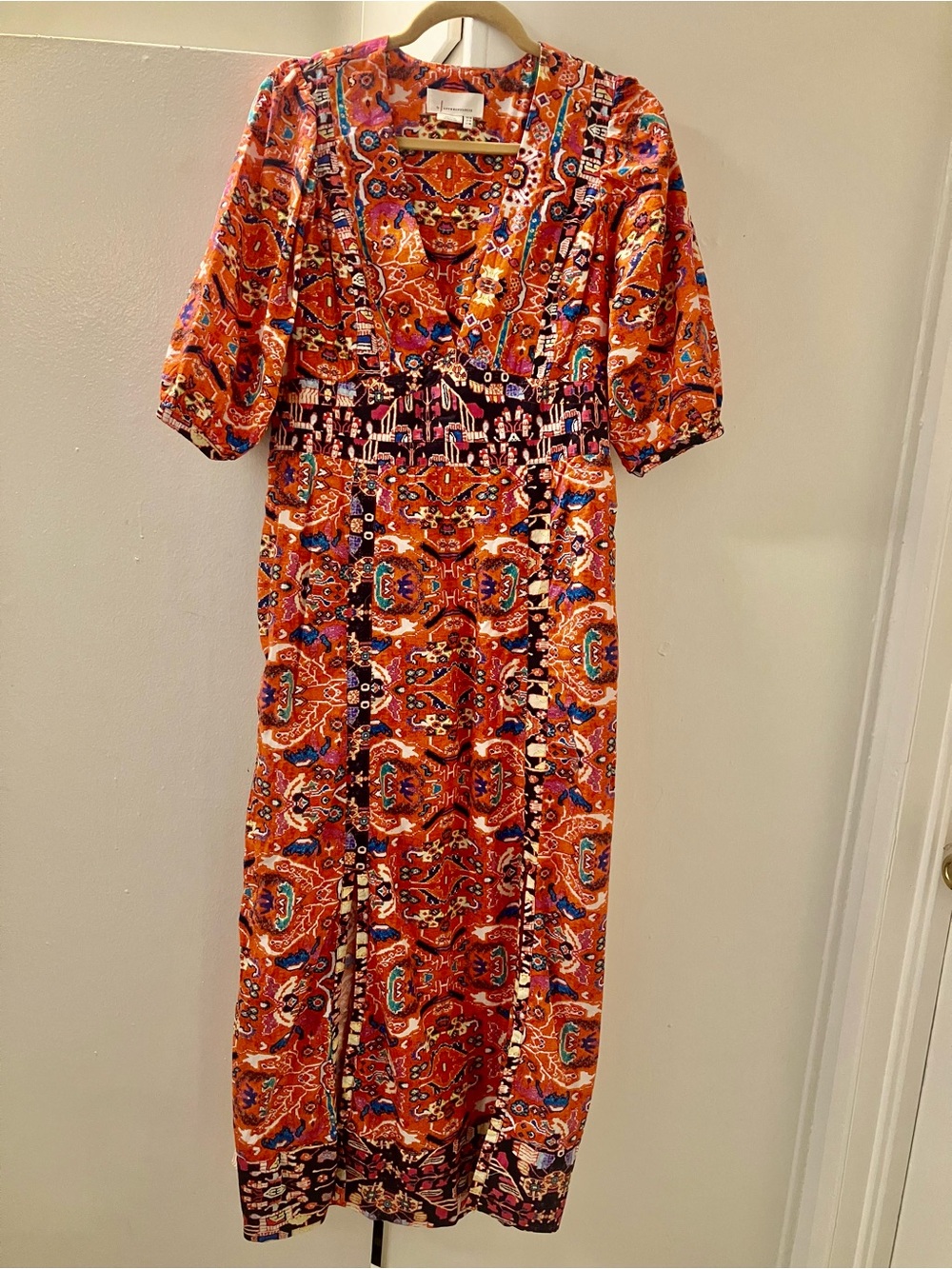NEW Anthropologie Orange Colorful Ethnic  Floral Pattern Midi Dress Sz 14 NWOT